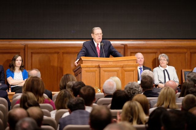 Elder Jeffrey R. Holland of the Quorum of the Twelve Apostles addresses Church educators June 12, 2019, on Temple Square.