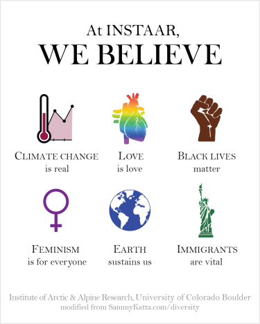 Poster for INSTAAR stating that climate change is real, love is love, black lives matter, feminism is for everyone, earth sustains us, and immigrants are vital.  Modified from SammyKatta.com/diversity