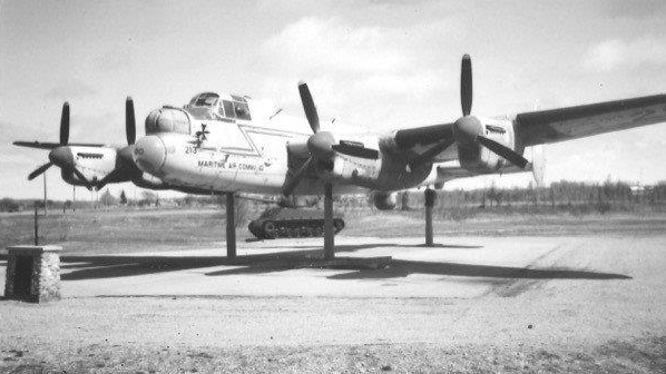 Bomber/Lancaster bomber on display outside the Goderich airport in June of 1970-Source-Canadian Warplane Heritage Museum.jpg