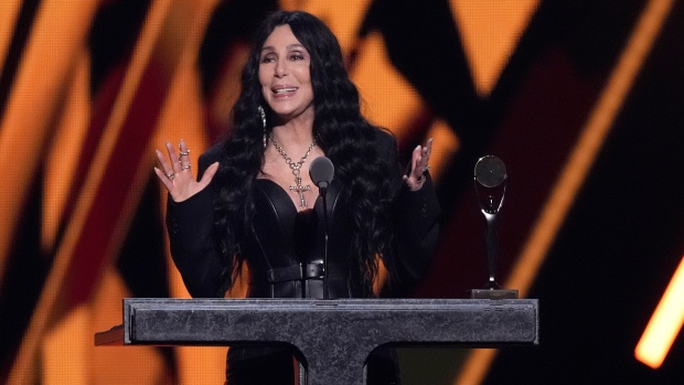 Cher speaks during the 39th Annual Rock & Roll Hall of Fame Induction Ceremony on Saturday, Oct. 19, 2024, at Rocket Mortgage FieldHouse in Cleveland. (AP Photo/Chris Pizzello)