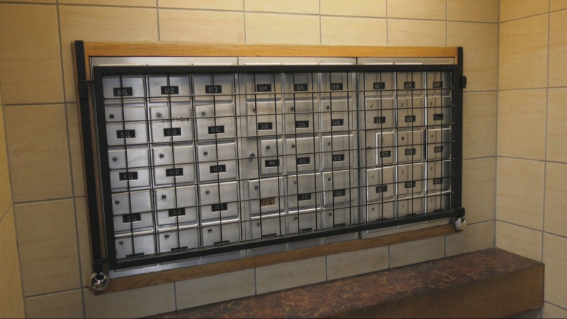 The mailboxes at 357 Kennedy St. that have been caged off and are preventing residents from getting their mail on Nov. 14, 2024. (Jon Hendricks/CTV News Winnipeg)