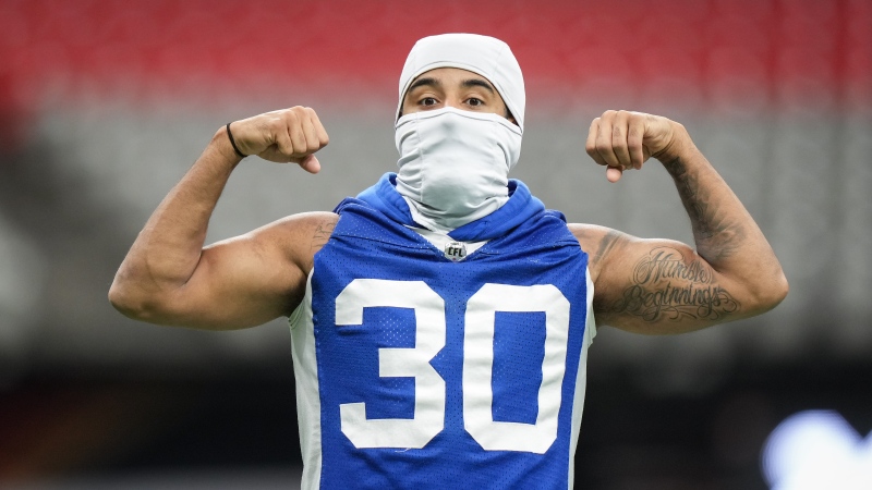 Winnipeg Blue Bombers' Tyrell Ford poses during football practice ahead of the 111th CFL Grey Cup, in Vancouver, on Wednesday, November 13, 2024. (Darryl Dyck/The Canadian Press)