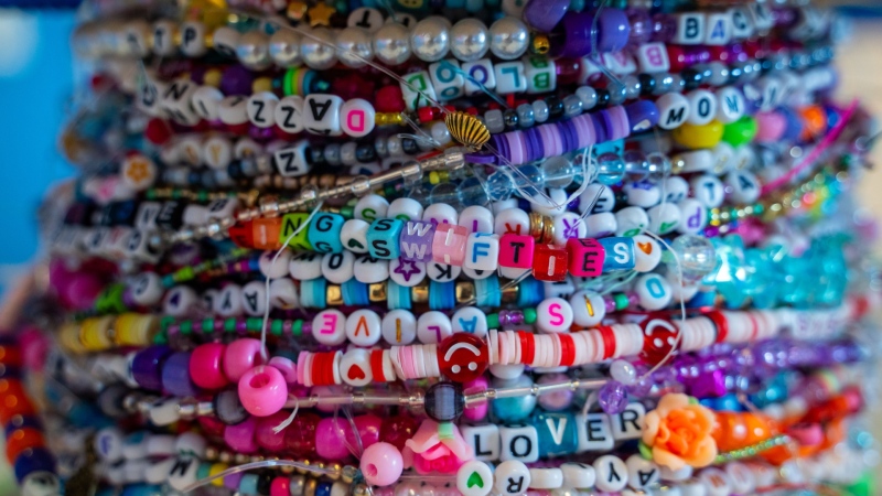 A friendship bracelet can be seen at Z99 radio station in Regina on Friday, July 19, 2024. The friendship bracelet is being created in attempt to be the largest in the world in a bid to bring Taylor Swift back to the province. (THE CANADIAN PRESS/Heywood Yu)