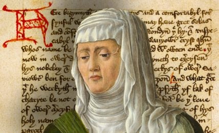 A collage of a medieval manuscript page from The Book of Margery Kempe and a portrait of a woman with her hair covered by a white cloth. The manuscript has a red initial letter and a Gothic script.