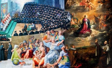 A detailed painting juxtaposing two significant religious events. On the left, the Council of Trent unfolds in a grand hall where numerous clerics and theologians sit in rows, attentively watching a central discussion table. Overhead, high-ranking church officials in ornate robes observe the scene. In the right portion, a celestial depiction commemorates the Catholic triumph with Our Lady of Victory elevated amidst clouds and surrounded by saints. Beneath her, a chaotic battle ensues, while in the foreground, Emperor Ferdinand II and his son, Ferdinand III, are prominently displayed among other figures, symbolizing their role in the Catholic victory. The painting is rich in color and intricate details, capturing both historical and divine themes.