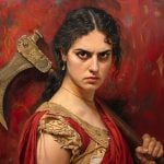 A painting of Clytemnestra, gripping an axe with determination, her expression fierce and resolute against a chaotic red backdrop, capturing the complexity of her character.