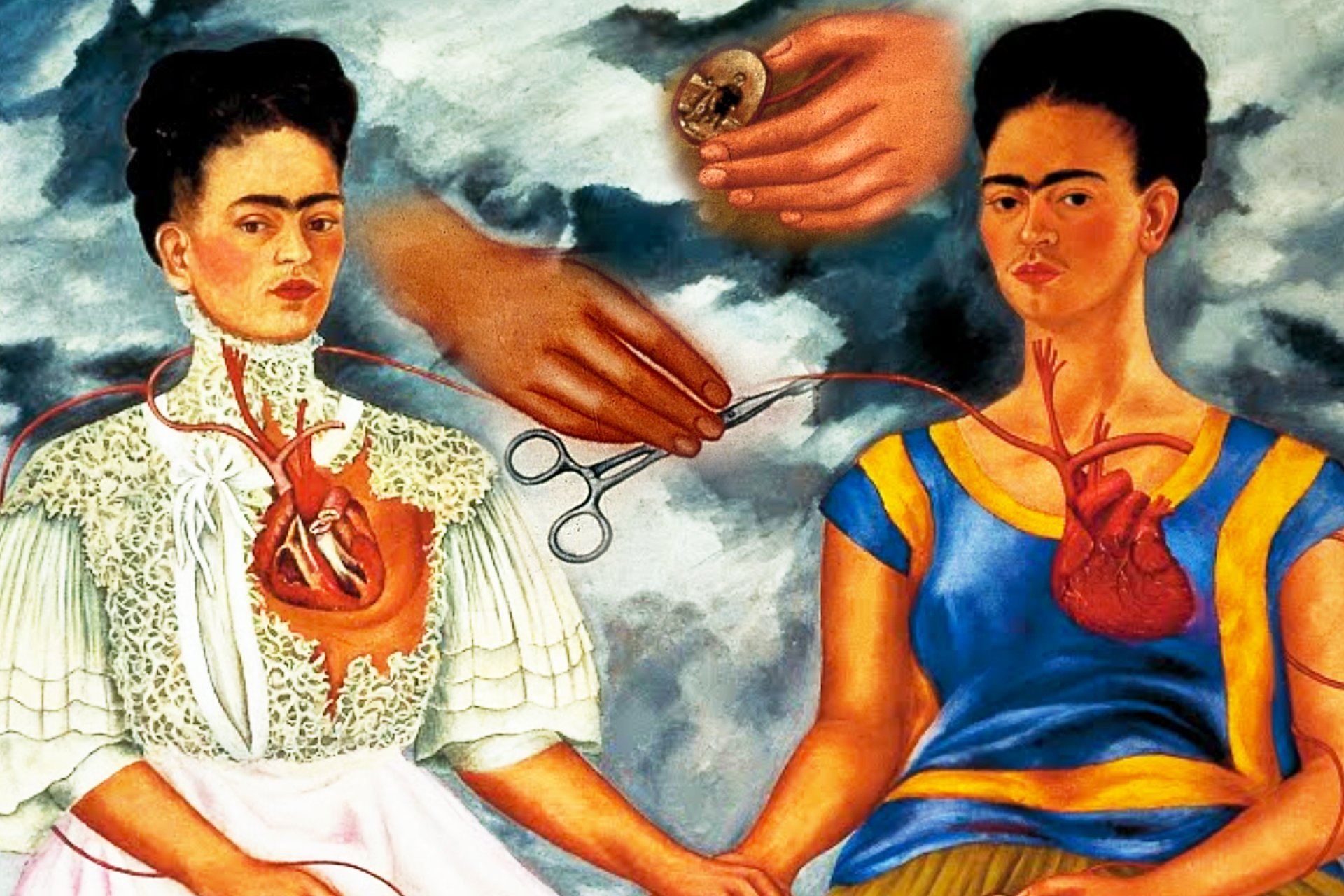 This is a manipulated image combining details from Frida Kahlo's painting "The Two Fridas". It shows the two seated Fridas with their hearts exposed and connected by a vein, which one Frida is severing with scissors. The Frida on the left is in a white European-style dress with a damaged heart, and the Frida on the right is in a traditional Mexican blouse and skirt, with a whole heart. Overlaid on the top right is a close-up of a hand holding a small portrait of Diego Rivera, emphasizing the emotional connection depicted in the painting. The dramatic stormy sky in the background adds to the emotional weight of the composition.