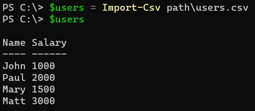 ler arquivos csv em array no powershell - saída 1