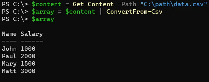 ler arquivos csv para array no powershell - saída 5