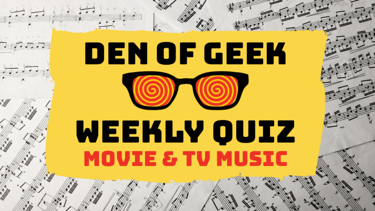 Den of Geek Weekly Quiz logo with glasses - movie and TV music