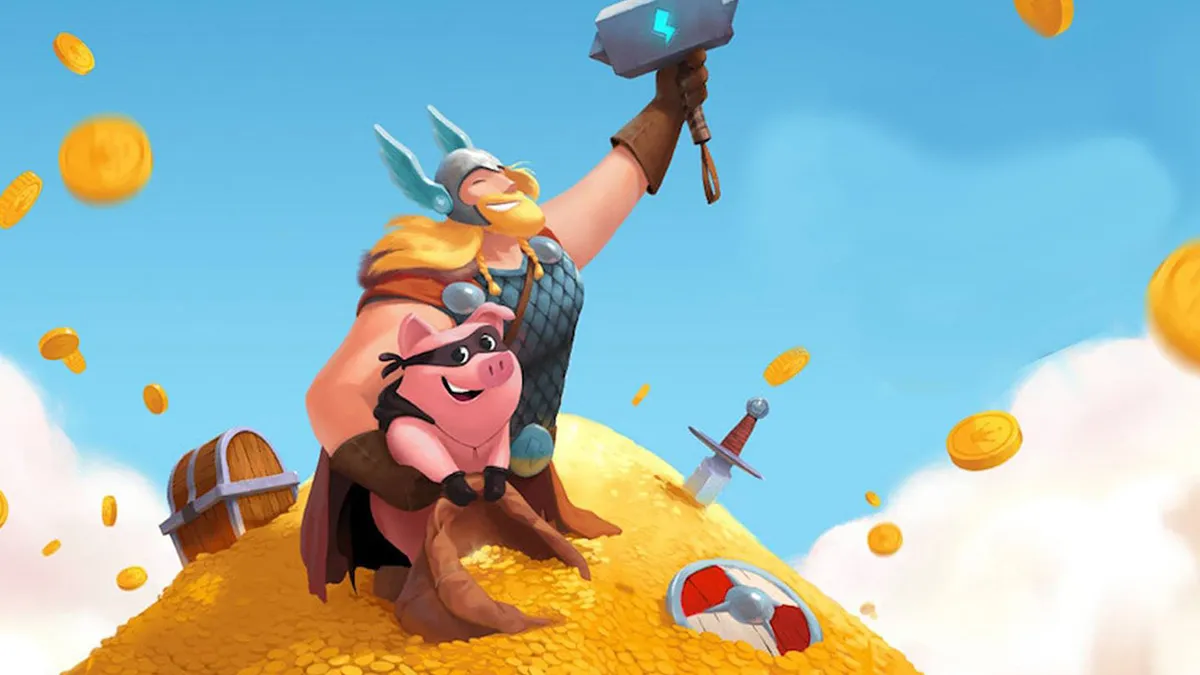 Thor and a Pig sitting on a mountain of coins.