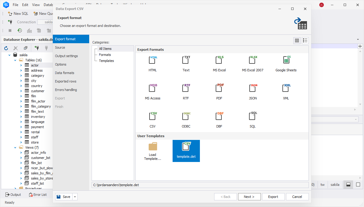 Export MySQL data to CSV via dbForge Studio