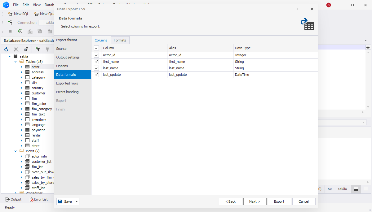 Export MySQL data to CSV via dbForge Studio