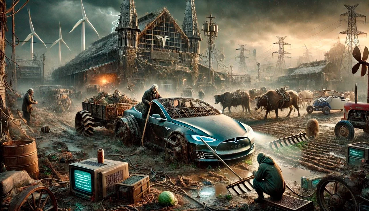 Un Tesla enfrenta un paisaje devastado, ilustrando la resistencia de la movilidad eléctrica.