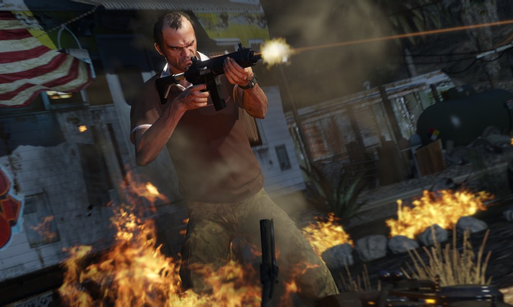 Trevor firing an assault rifle in GTA 5.