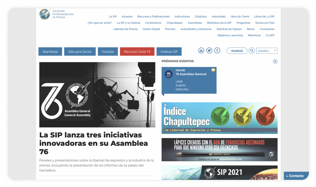 Pantalla del portal de la Sociedad Interamericana de Prensa