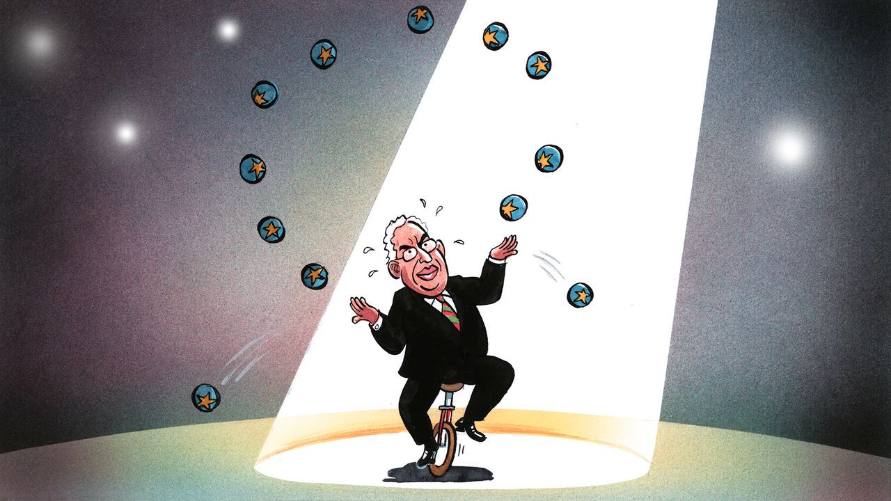 António Costa riding a unicycle whilst juggling balls with the EU stars on them. He is dropping a couple of the balls.