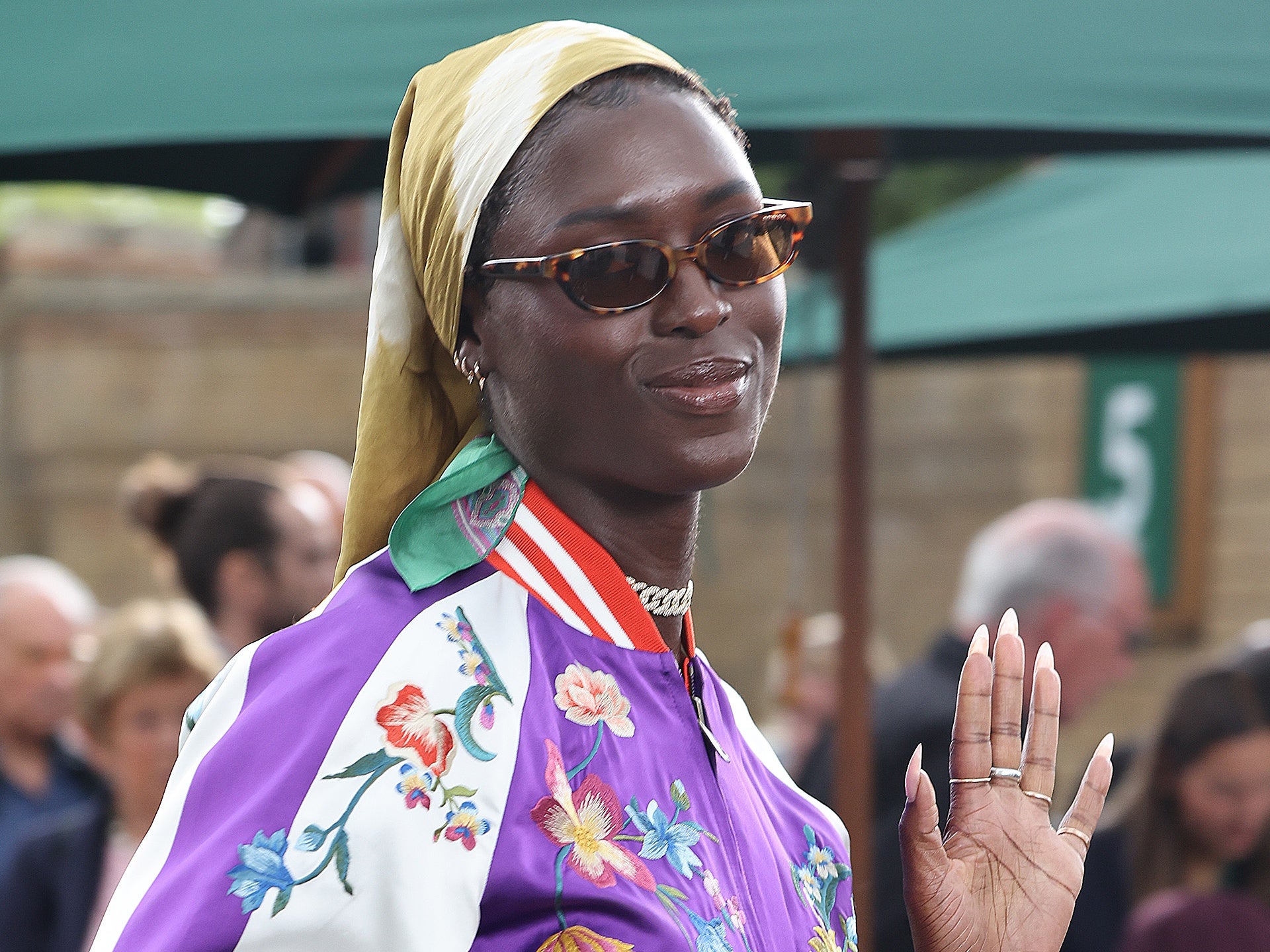 Jodie Turner-Smith Sports Protective Scarves At The 2024 Wimbledon Tournament