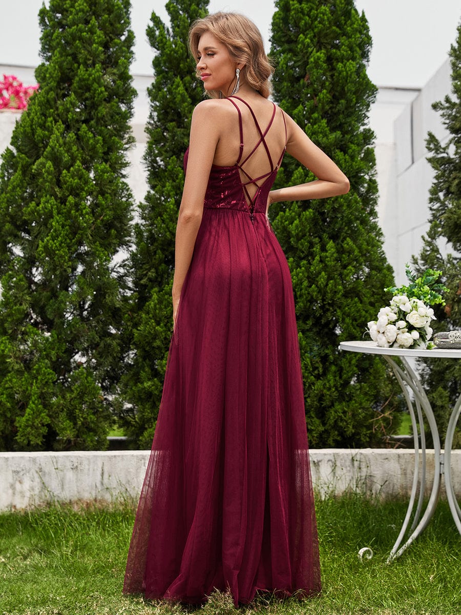 Paillette A-Line Tulle Bridesmaid Dress with Cross-Back Straps #color_Burgundy