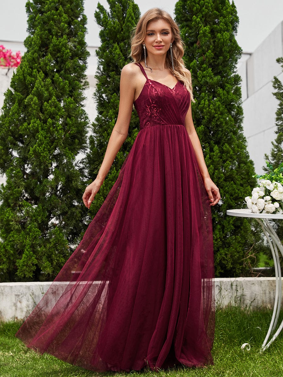 Paillette A-Line Tulle Bridesmaid Dress with Cross-Back Straps #color_Burgundy