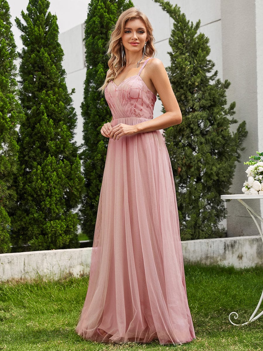 Paillette A-Line Tulle Bridesmaid Dress with Cross-Back Straps #color_Pink