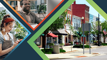 Two small business owners and a main street in an American small town