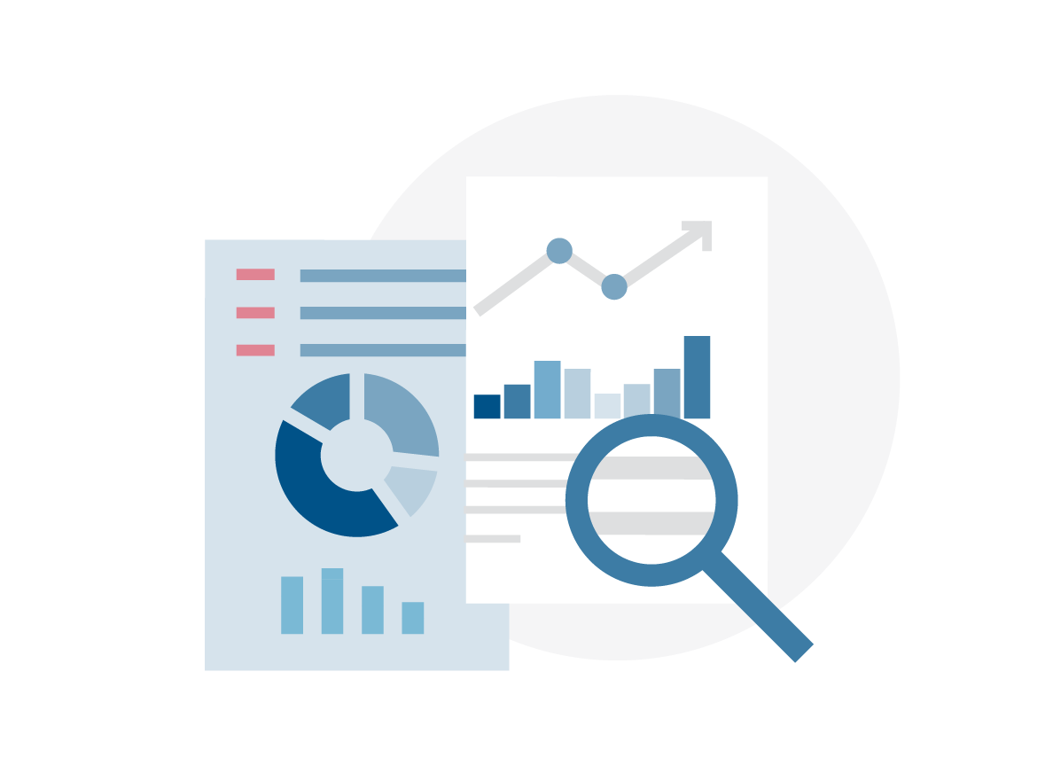 Illustration of papers with data viz charts