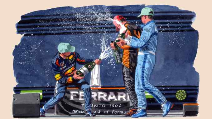 Three racing drivers on a podium in front of a Ferrari sign. One sprays champagne at the others as they open their own champagne bottles