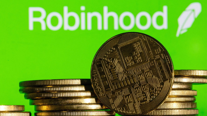 Robinhood logo and various cryptocurrencies