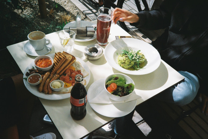 English breakfast and spinach dumplings at Café Europa