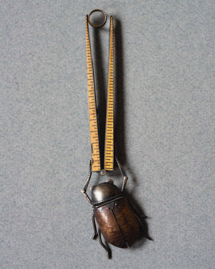 A brooch that comprises a metal beetle, a wooden ruler and a small magnifying glass
