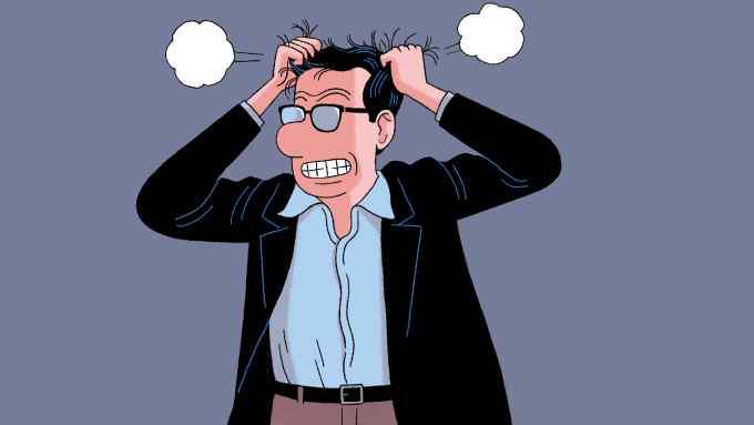 Cartoon shows a man in jacket pulling his hair out