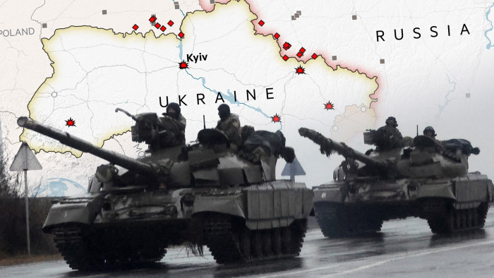 Montage of map of Ukraine and tanks