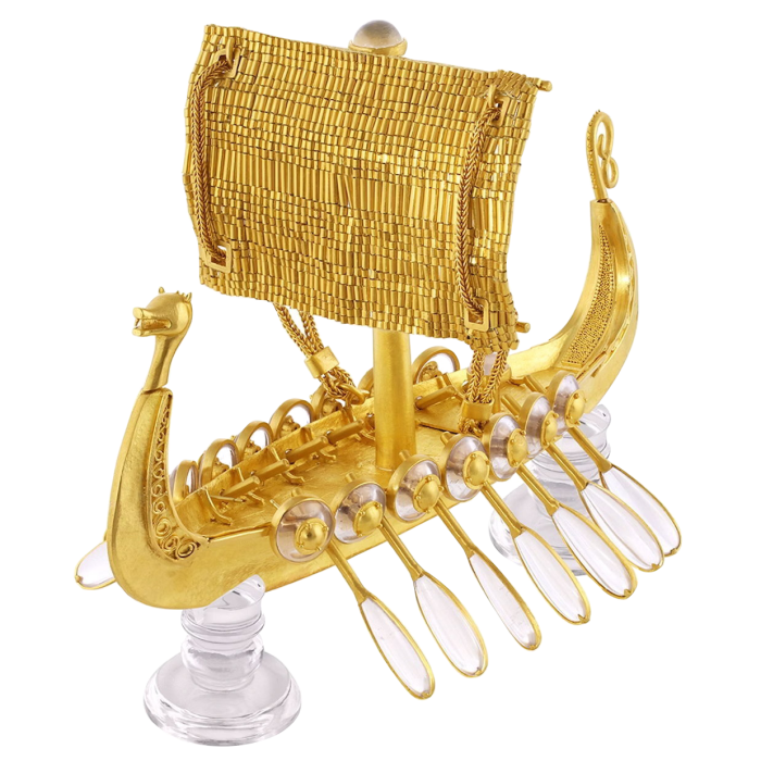 A Viking longship model made of gold and crystals