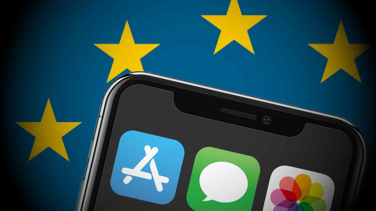 Montage of an iphone showing the App Store against an EU flag backdrop