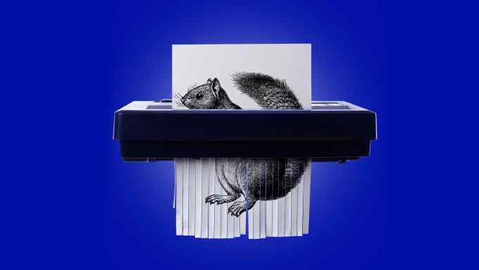 An illustration of a squirrel being passed through a shredder