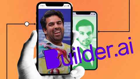 Montage of Builder.ai logo, phones and Sachin Dev Duggal