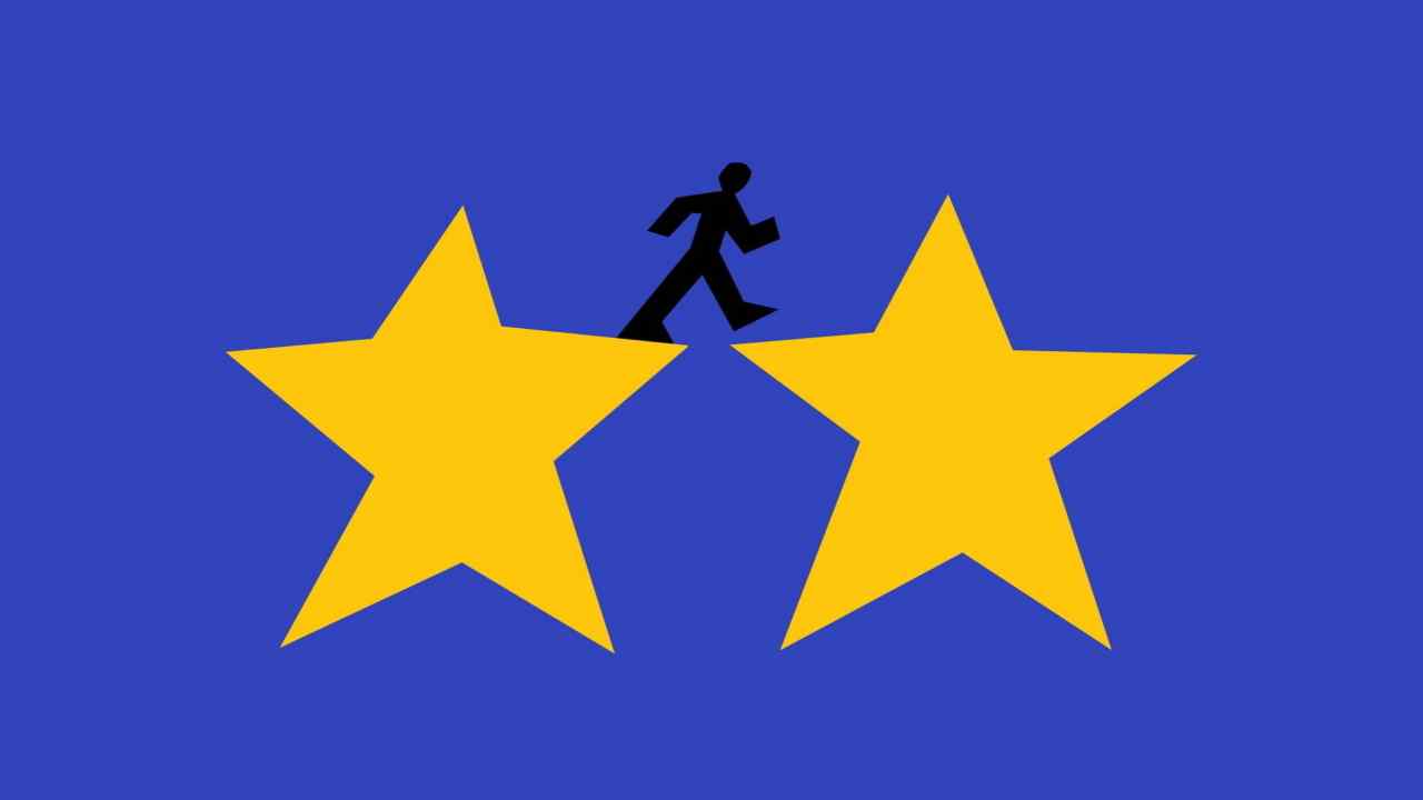 Ben Hickey illustration of a figure running on top of two yellow stars on a blue background, looking like it is a fragment of the EU flag.