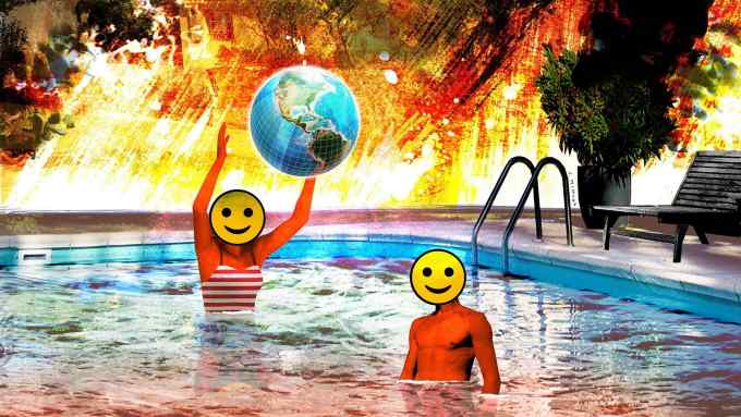 Jonathan McHugh illustration of two children with smiling emojis on their faces playing ball in a swimming pool while a wildfire is raging around them.