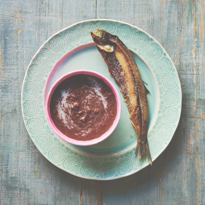 Champorado, chocolate rice porridge with salted fish from the Philippines