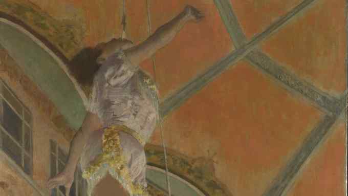 A painting of a circus acrobat rising towards the ceiling holding on only by a rope clenched between her teeth