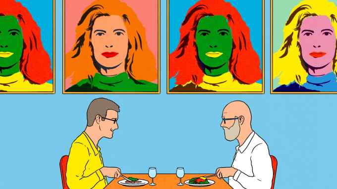 A pop art-style illustration of a man  in a yellow shirt shirt sitting eating dinner at a table with a man in a white shirt, with four identical but differently coloured Andy Warhol-style portraits on the wall of a woman