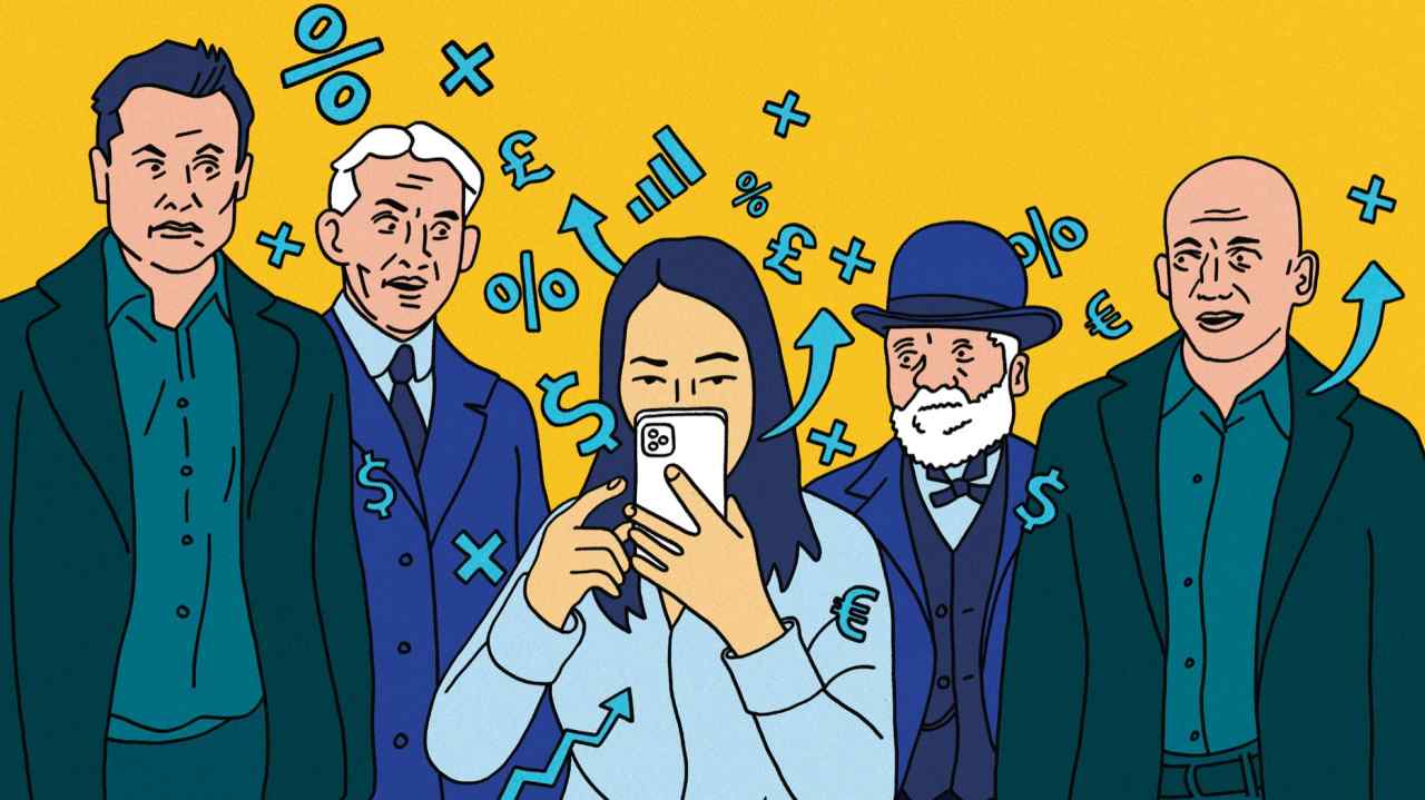 Illustration of a present day woman checking financial details on her phone, in the background are Elon Musk, Henry Ford, Andrew Carnegie and Jeff Bezos