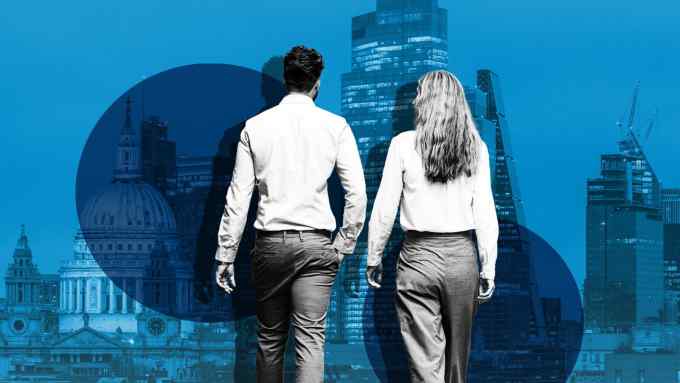 Two young lawyers, London city skyline