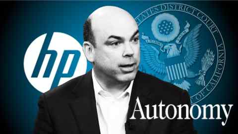 A montage of Mike Lynch and the logos of HP, Autonomy and the seal of the US District Court in California