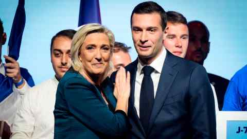Leader of the French far-right National Rally Marine Le Pen, left and lead candidate of the party for the upcoming European election Jordan Bardella