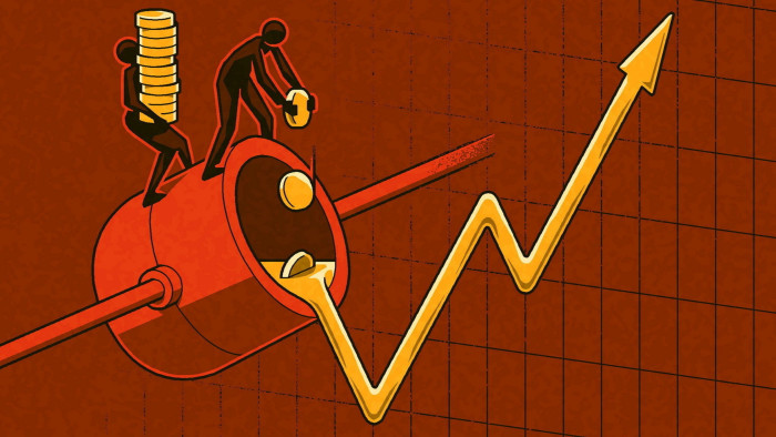 Illustration of a smelting pot being tilted and two small figures throwing in gold coins and the stream of gold pouring out turning into a graph chart line zigzagging upwards