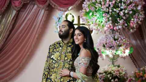 Anant Ambani poses with fiancée Radhika Merchant