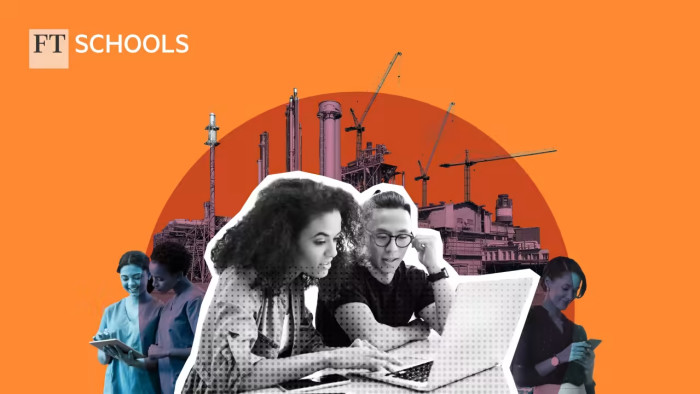 A collage for FT Schools with an orange background, depicting students studying together, industrial scenes with cranes, and additional students engaging with digital devices