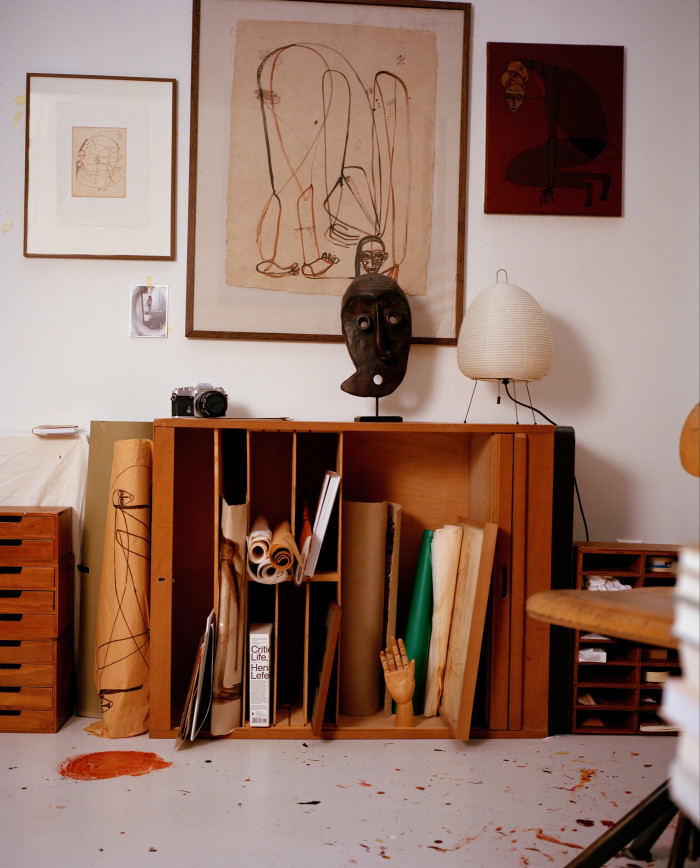 A corner of her studio displays a Mbangu mask from the Bandundu Province of the Democratic Republic of the Congo